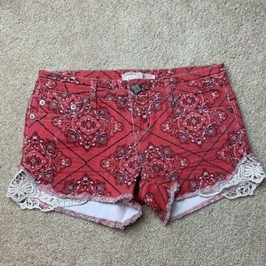 Red paisley denim shorts